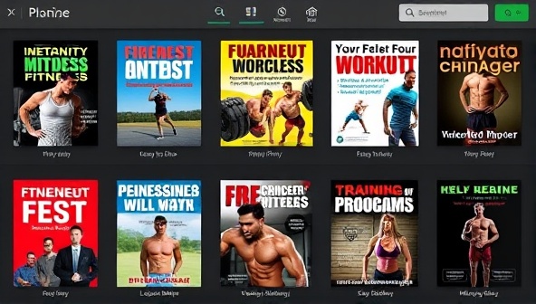 A digital library interface showcasing a variety of fitness e-books, workout guides, and training programs with vibrant cover designs and engaging exercise illustrations, inviting customers to explore and purchase digital fitness resources.