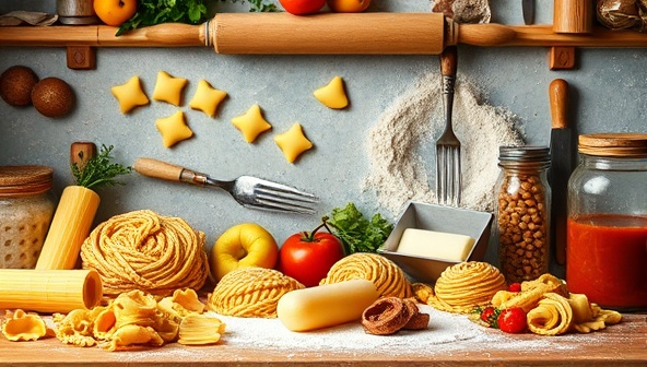 An enchanting kitchen scene with an assortment of colorful pasta shapes, herb-infused doughs, and rustic sauce jars, set against a backdrop of rolling pins and flour dust, capturing the essence of creativity and craftsmanship synonymous with PastaMasters DIY Kits.