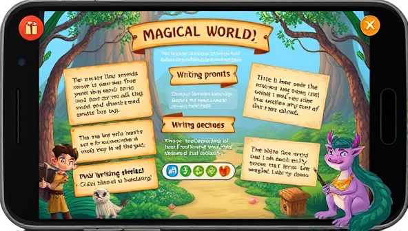 An animated app interface showcasing a magical writing world with interactive writing prompts, character customization options, and virtual writing challenges, surrounded by fantasy elements like enchanted forests and mythical creatures, immersing users in a captivating and interactive writing experience at WriteQuest Interactive.