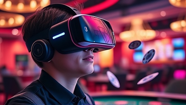 A futuristic image of a person wearing a VR headset, fully immersed in a virtual casino environment with digital cards and chips floating around, capturing the excitement and innovation of the VR gambling experience.