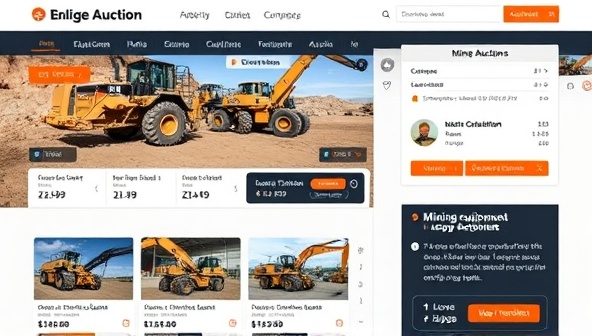 An online auction homepage showcasing diverse mining equipment listings with current bid prices, featuring a timer countdown for ongoing auctions and user testimonials to build trust and engagement.