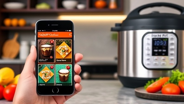 A smartphone showcasing the QuickFix Cuisine app interface with colorful recipe cards, cooking timers, and shopping lists, set against a modern kitchen backdrop with various ingredients and an instant pot, illustrating convenience and efficiency in meal preparation.