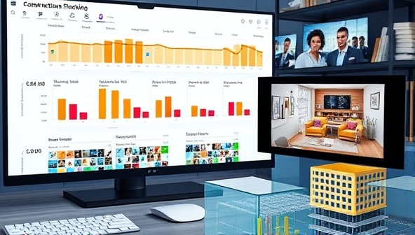 A digital workspace with multiple construction project timelines displayed on a screen, virtual meeting rooms for stakeholder discussions, and a 3D model of a construction site, representing efficient and modern project management practices.