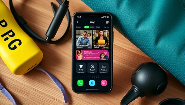 A smartphone displaying a fitness app interface with workout videos, healthy recipes, and progress tracking tools, surrounded by workout equipment, a yoga mat, and a travel backpack, creating a motivating and energetic setting for remote fitness coaching while traveling.