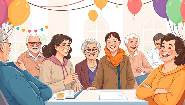 An illustration of a diverse group of elderly individuals engaging in a virtual social event, smiling and interacting with each other, surrounded by virtual balloons and decorations, highlighting the vibrant and caring community fostered by GoldenConnections.