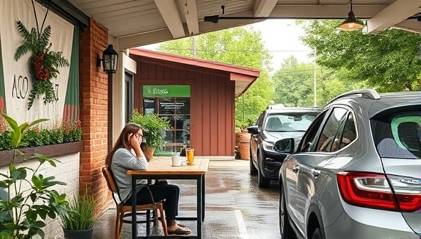An eco-friendly car wash and cafe drive-thru setting with customers enjoying coffee and snacks in a cozy outdoor seating area while their cars are being washed using sustainable techniques and products, illustrating a harmonious blend of convenience and sustainability.