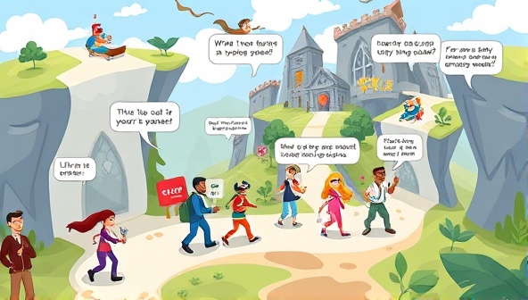 An animated scene of diverse characters navigating through a digital language learning game world, interacting with vocabulary challenges, grammar quests, and conversational scenarios, illustrating the fun and immersive nature of LingoQuest.
