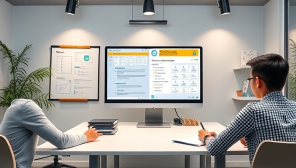 A modern and engaging virtual classroom setup with a student and tutor interacting through video chat, digital whiteboard, and educational materials displayed on a computer screen, creating an immersive online learning environment.