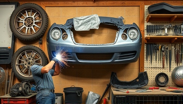 An artist in a workshop, welding together pieces of a car bumper to create a striking wall sculpture, surrounded by various automotive parts and tools, showcasing the creativity and craftsmanship of the upcycling process.