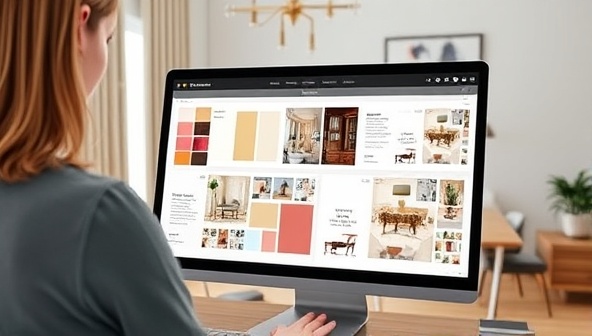 A digital depiction of a virtual interior design consultation session, featuring a designer showcasing color swatches, furniture layouts, and decor ideas on a computer screen, with a cozy and stylish room setting in the background, highlighting the creativity and expertise of virtual design services.