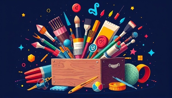 An eye-catching illustration of a virtual toolbox overflowing with colorful design elements, brushes, and digital assets, symbolizing creativity and unlimited possibilities in web design.
