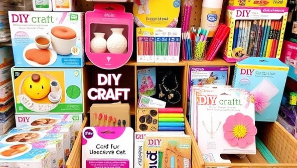 A colorful and inviting display of DIY craft kits, featuring a variety of materials, tools, and project examples like painted pottery, beaded jewelry, and handcrafted cards, arranged in an organized and visually appealing manner to showcase the creative possibilities and crafting fun awaiting subscribers.