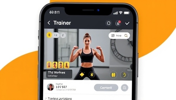 A sleek and modern app interface showing a user completing a virtual workout session with a trainer, featuring interactive workout animations and progress tracking metrics, creating an engaging and personalized fitness experience.