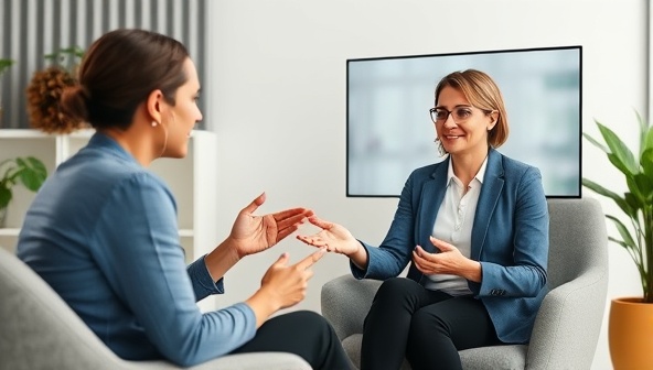 An empowering virtual coaching session scene with a career coach providing guidance and mentorship to a motivated client, discussing career goals and strategies for professional growth, illustrating the impactful career development support offered by CareerElevate Virtual.