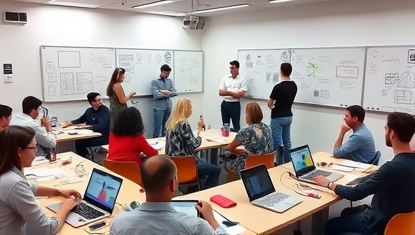 A vibrant classroom setting with participants working on laptops, sketching wireframes on whiteboards, and engaging in lively discussions, capturing the collaborative and creative atmosphere of the workshops.
