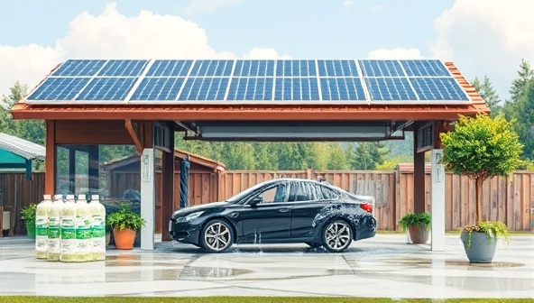An eco-friendly car wash scene with solar panels on the roof, biodegradable cleaning products on display, and a car being washed using eco-friendly methods, showcasing sustainability and environmental awareness.