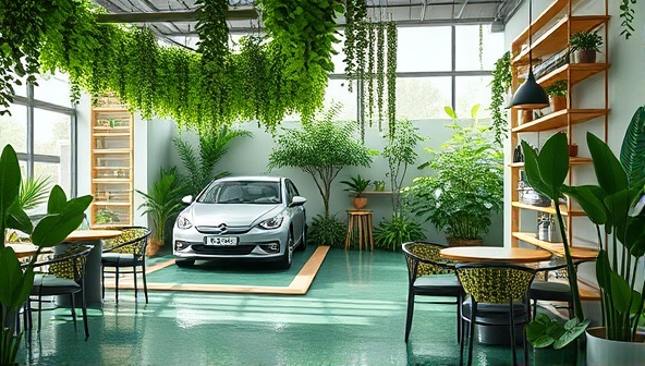 A serene and green-themed oasis featuring a modern car wash facility using sustainable practices, coupled with a cozy café area adorned with plants and eco-conscious decor, creating a harmonious blend of environmental care and relaxation.
