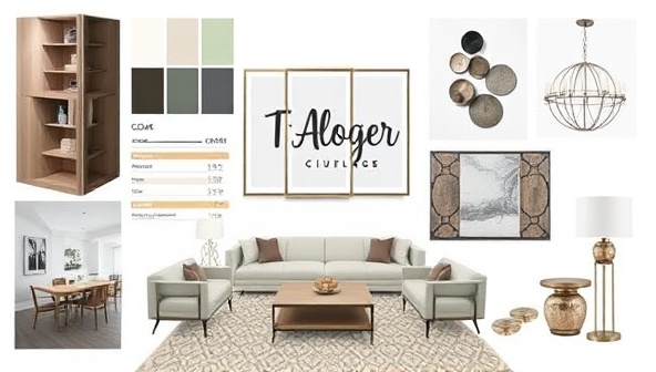 A digital mood board featuring color swatches, furniture samples, lighting fixtures, and decor accents arranged in a cohesive design layout, giving a glimpse into the virtual interior design process and creative vision.