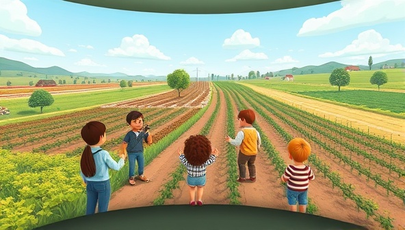 An interactive virtual farm tour scene with animated characters exploring a biodiverse farm landscape, engaging with different agricultural processes and sustainability practices, illustrating the immersive and educational experience provided by GreenField Explorers.