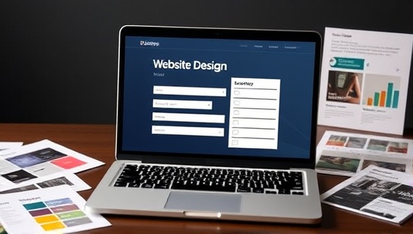 An image of a laptop displaying a stylish and modern website design survey form, surrounded by design elements like color palettes and layout samples, illustrating the customization and personalization aspect of the service.