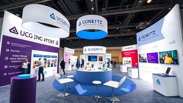 An immersive VR environment showcasing a virtual trade show booth with interactive product displays and branded experiences, illustrating the potential of VR marketing for brand engagement.