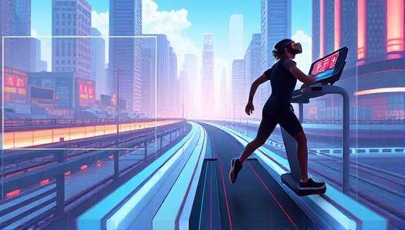 An artistic rendering of a user immersed in a virtual reality world, running on a digital treadmill while navigating through a futuristic cityscape filled with obstacles and fitness challenges, illustrating the dynamic and engaging nature of the VR fitness adventures.