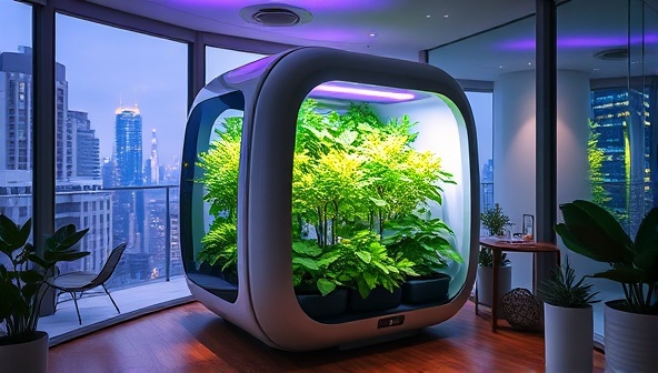 An artistic rendering of a sleek, modern Vertical Farming Pod in a stylish urban apartment, showcasing lush greenery growing inside under vibrant LED lights, creating a futuristic and sustainable living space.