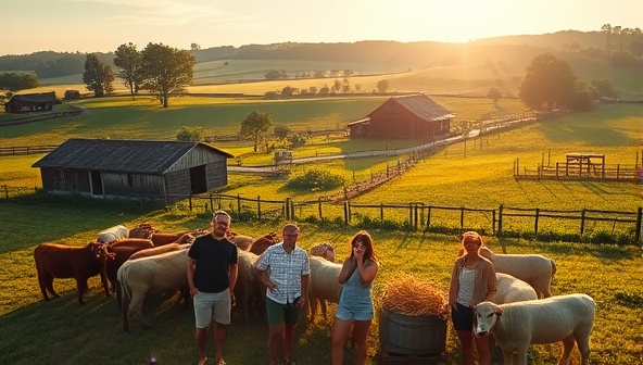 A serene countryside farmhouse surrounded by lush fields and grazing animals, with guests participating in a joyful harvest activity under the golden sunlight, embodying the essence of rural retreat and sustainable living.