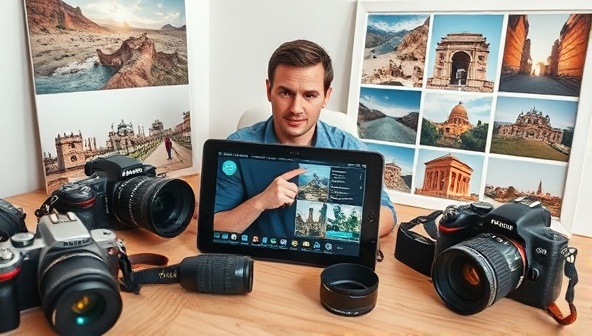An online photography workshop scene with a virtual instructor explaining composition techniques on a digital tablet, surrounded by camera gear, travel photos, and a mood board of inspirational images, inspiring creativity and learning.
