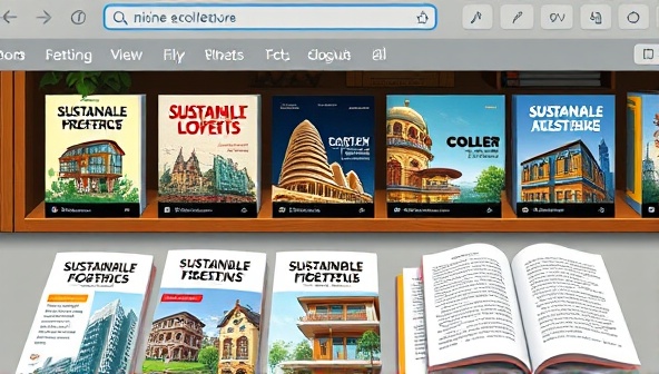 An online bookstore interface showcasing a collection of e-books on sustainable architecture, featuring vibrant cover designs, eco-friendly building concepts, and informative content previews, promoting a green and sustainable lifestyle through architecture.