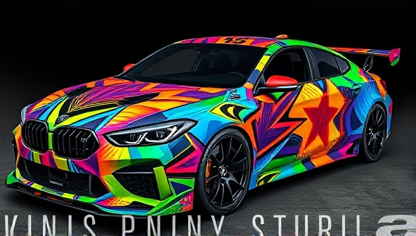 An image of a vibrant, eye-catching custom vinyl-wrapped car with a unique design that showcases the studio's creativity and skill in transforming vehicle aesthetics.