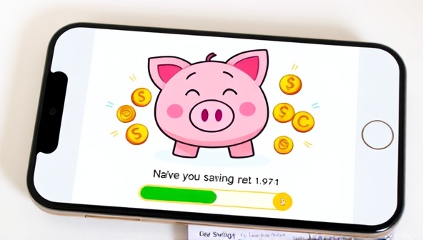 An engaging and colorful mobile screen showing a cartoon piggy bank surrounded by virtual coins and a progress bar towards a savings goal, appealing to children and parents alike.