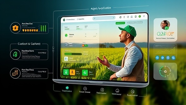 A digital platform interface showcasing a virtual agri-tech consultation session between an expert consultant and a farmer, with interactive tools, data analytics, and agricultural insights, highlighting the convenience and expertise provided by the virtual consultation platform.