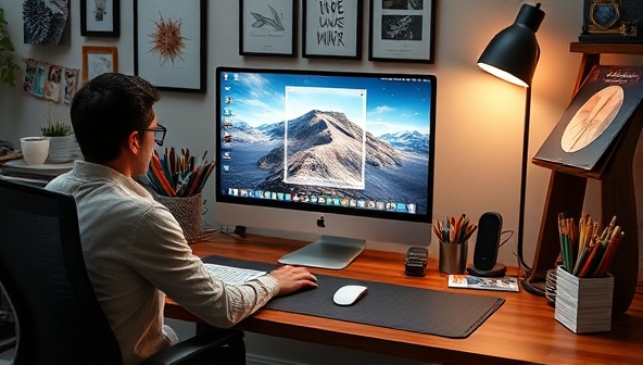 A modern home office setup with a digital artist creating a custom art print on a high-resolution computer screen, surrounded by inspirational art supplies and design tools, showcasing the digital art creation process and artistic expertise of Pixel Perfect Creations in a creative and dynamic environment.