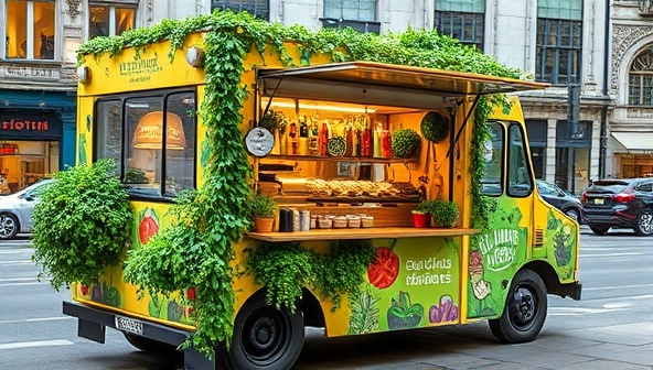 A vibrant food truck adorned with fresh greenery, serving colorful plant-based dishes in compostable packaging, set against a backdrop of a bustling city street, illustrating a fusion of sustainability and culinary delight.