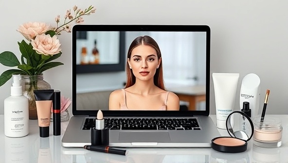 A sleek and modern virtual beauty consultation setup with a laptop displaying a video call with a beauty consultant, surrounded by a variety of skincare and makeup products, creating a professional and personalized beauty experience.