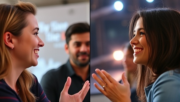 A split-screen image showing a fan interacting with a celebrity through a virtual meet-and-greet session, with both parties smiling and engaging in conversation, creating a sense of connection and excitement in the virtual celebrity interaction experience.