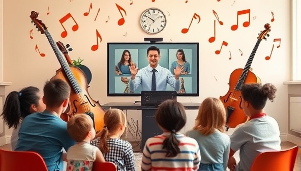An inspiring visual depiction of a virtual music instructor conducting a dynamic and engaging music lesson with a diverse group of students via video call, surrounded by musical instruments and notes floating in the air, symbolizing creativity, harmony, and musical education.