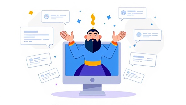 An illustration of a magical genie emerging from a computer screen, surrounded by floating text bubbles representing various content types like articles, blog posts, and social media captions, symbolizing the AI-generated content magic.