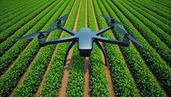 Aerial view captured by a drone showing lush green farmlands with rows of crops, demonstrating the perspective and data insights obtained through drone monitoring services offered by SkyFarm Insights.
