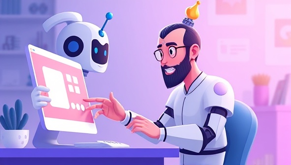 An animated illustration of a friendly and futuristic AI-powered genie character assisting a user in designing a website, displaying a seamless and intuitive interaction between the user and the AIWebGenie platform.