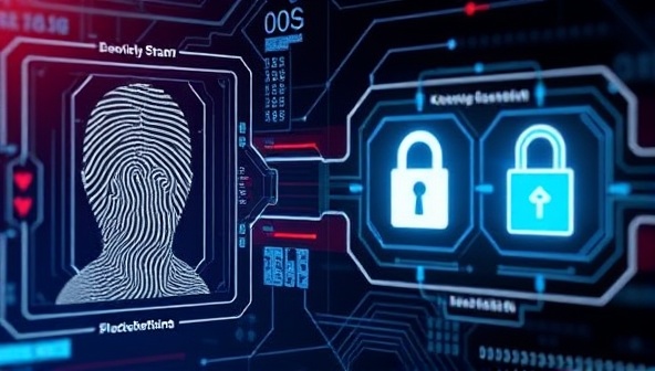 A futuristic visual of a digital interface displaying biometric scans, blockchain encryption codes, and secure data transfer symbols, illustrating the high-tech and secure nature of ID Verify Pro in safeguarding online identities and transactions, representing trust and reliability in the digital verification process.