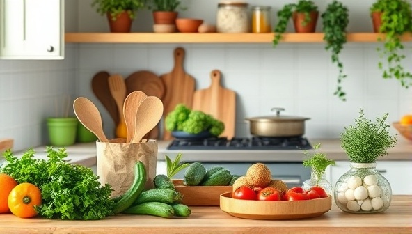 An eco-friendly kitchen scene with reusable utensils, organic produce, and compostable packaging, showcasing the sustainability and freshness of the meal kit ingredients.