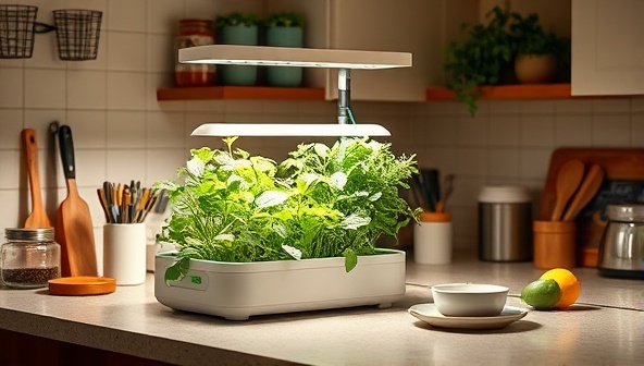 A cozy kitchen countertop setup featuring a compact hydroponic system with lush green herbs and vegetables growing under LED grow lights, surrounded by modern kitchen decor and utensils, illustrating a sustainable and stylish indoor gardening solution for urban spaces.