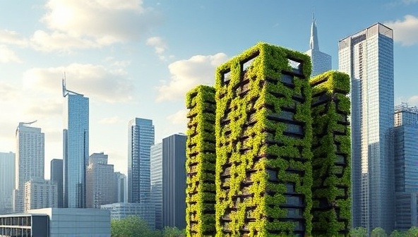 An artistic rendering of a modern cityscape with skyscrapers, where one building stands out with lush greenery covering its exterior walls, showcasing the innovative and sustainable urban vertical farming concept of SkyHarvest Co-op.