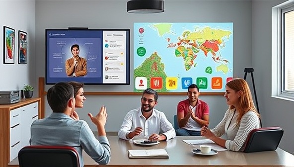 An online language lesson scenario featuring a language coach conducting a virtual class with interactive learning tools, cultural visuals, and enthusiastic participants engaging in language exercises, highlighting the platform's dynamic and immersive learning environment.