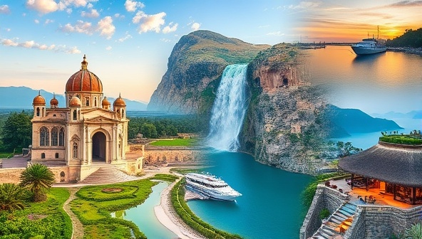 A montage of picturesque travel destinations, cultural experiences, and luxurious accommodations, encapsulating the essence of WanderWise Concierge's bespoke travel services and personalized trip planning expertise, inspiring wanderlust and adventure in potential clients.