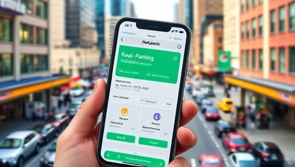 A smartphone screen displaying the ParkGenius app interface with real-time parking availability updates and reservation options, set against a bustling city backdrop with colorful parking lots and busy streets, illustrating the convenience and efficiency of the service.