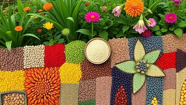 An artistic display of colorful heirloom seeds arranged in botanical patterns, symbolizing the diversity and beauty of SeedSustain Vault's seed bank offerings, with a backdrop of lush green plants and blooming flowers, evoking a sense of sustainable gardening and biodiversity conservation.