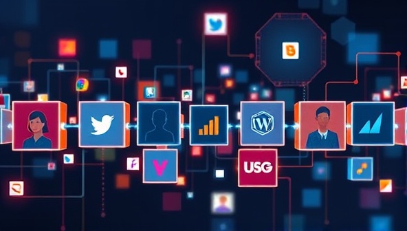 An abstract representation of interconnected blocks forming a digital chain, with influencer profiles and brand logos integrated, symbolizing transparency and collaboration in the digital marketing space.
